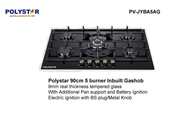 POLYSTAR 5 BURNER TEMPERED GLASS 90CM BUILT IN GASHUB – PV-JYBA5AG