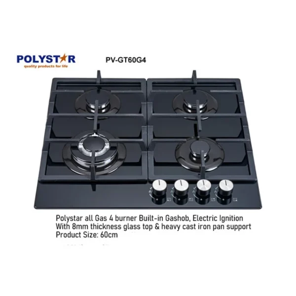 Polystar 4 Burner Built-in Gas Hob with 8mm Thickness Glass Top | PV-GT60G4
